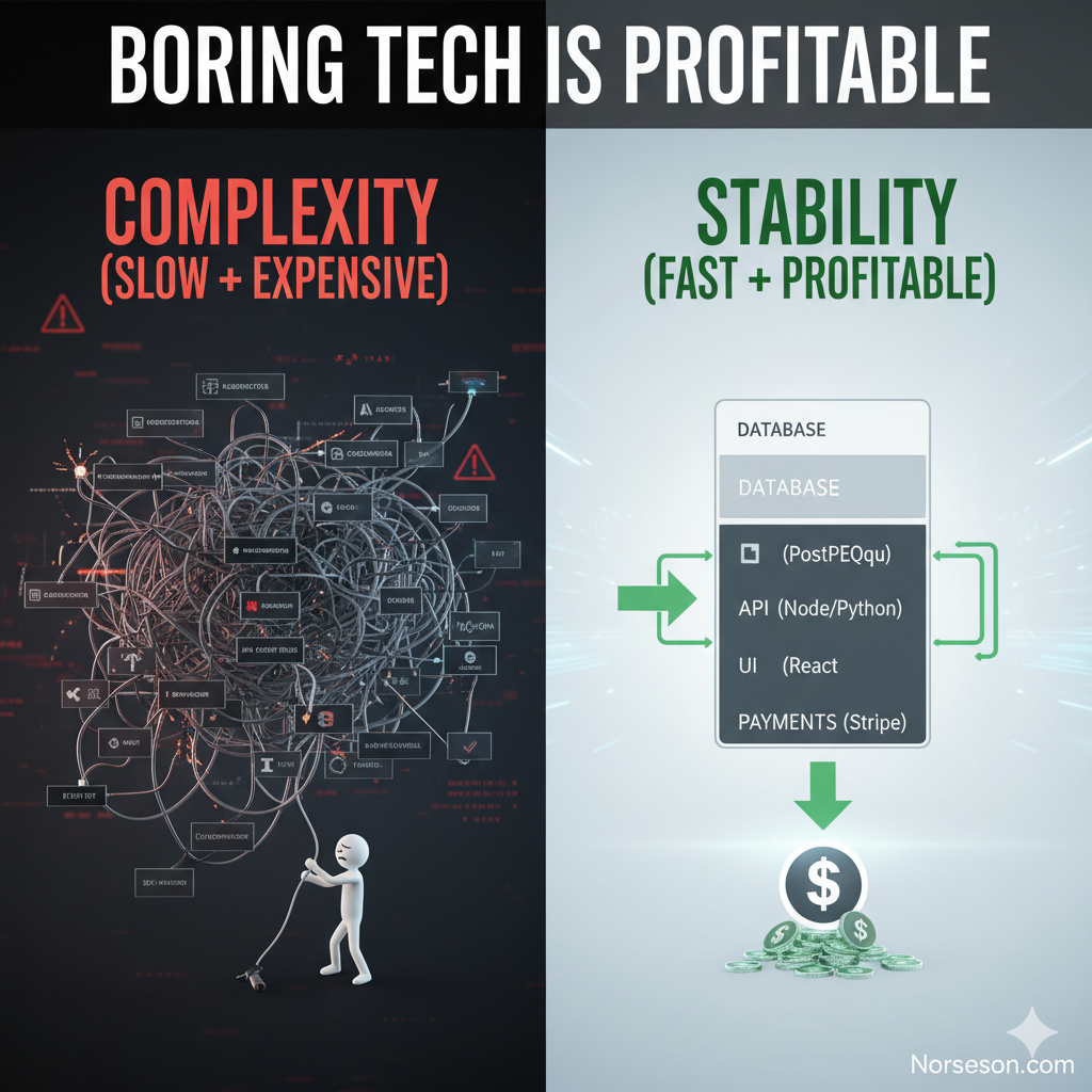 Architectural comparison diagram showing a complex, tangled microservices network with warning indicators labeled as slow and expensive on the left, versus a clean, layered stack architecture with Database, PostgreSQL, API (Node/Python), UI (React), and Payments (Stripe) components labeled as fast and profitable on the right